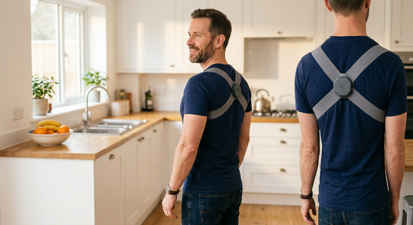 Man standing tall at home wearing the Straivo posture corrector