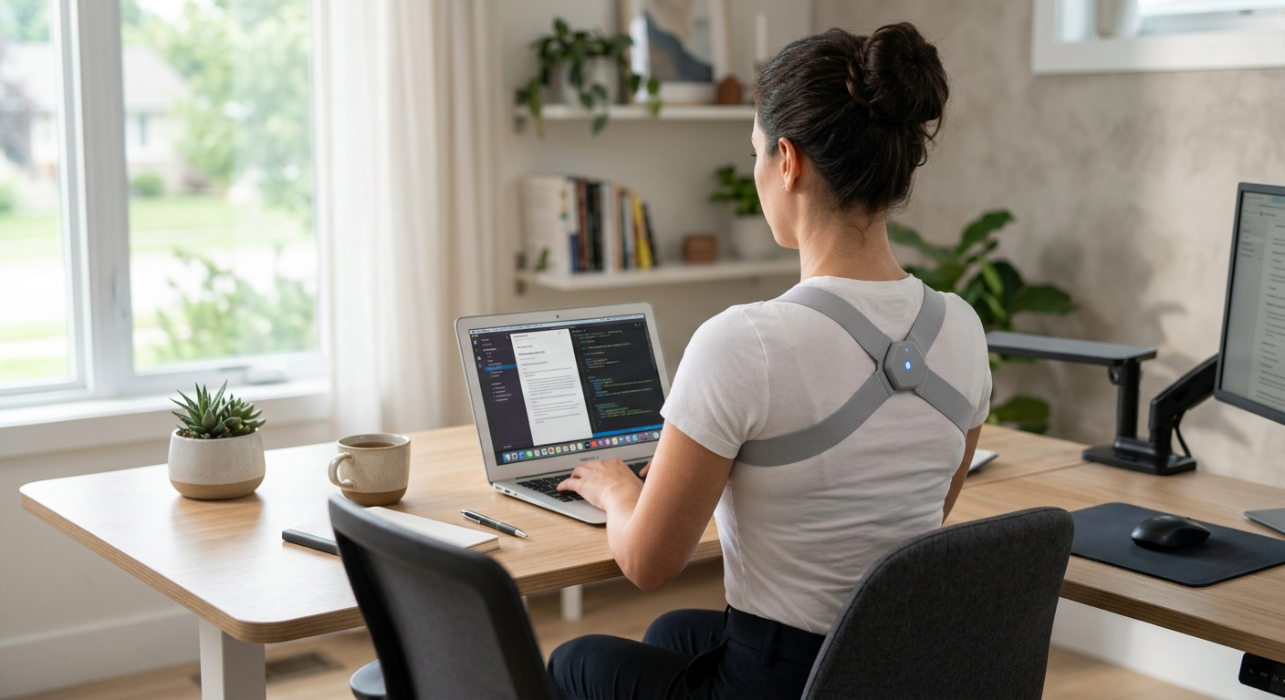 Woman working at a desk with good posture while wearing the Straivo posture corrector